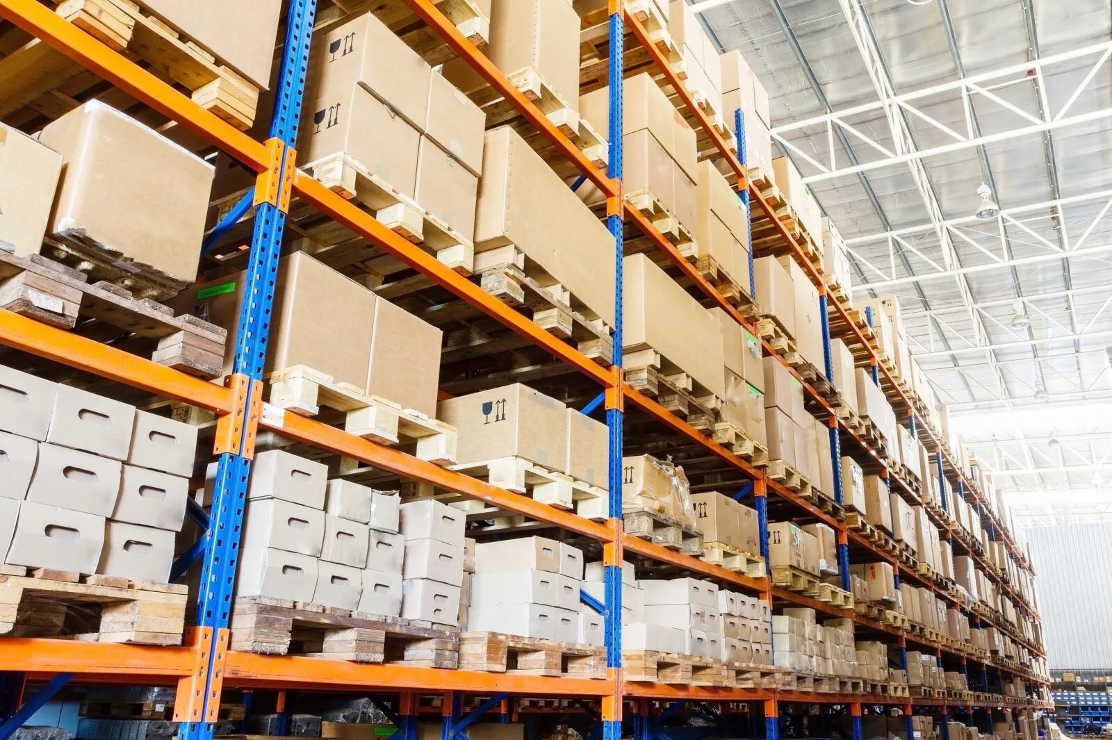 Warehouse shelving with boxed stock